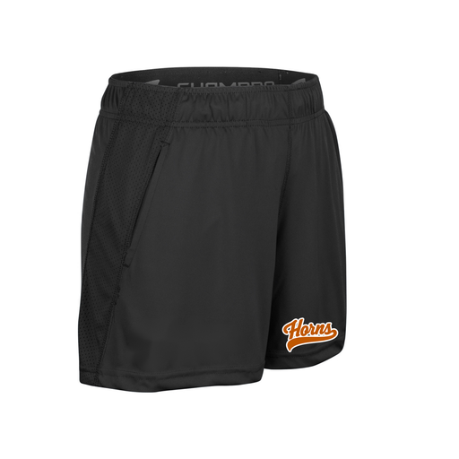 Horns Women's Shorts - Black / Burnt Orange Horns Logo (White Outline)
