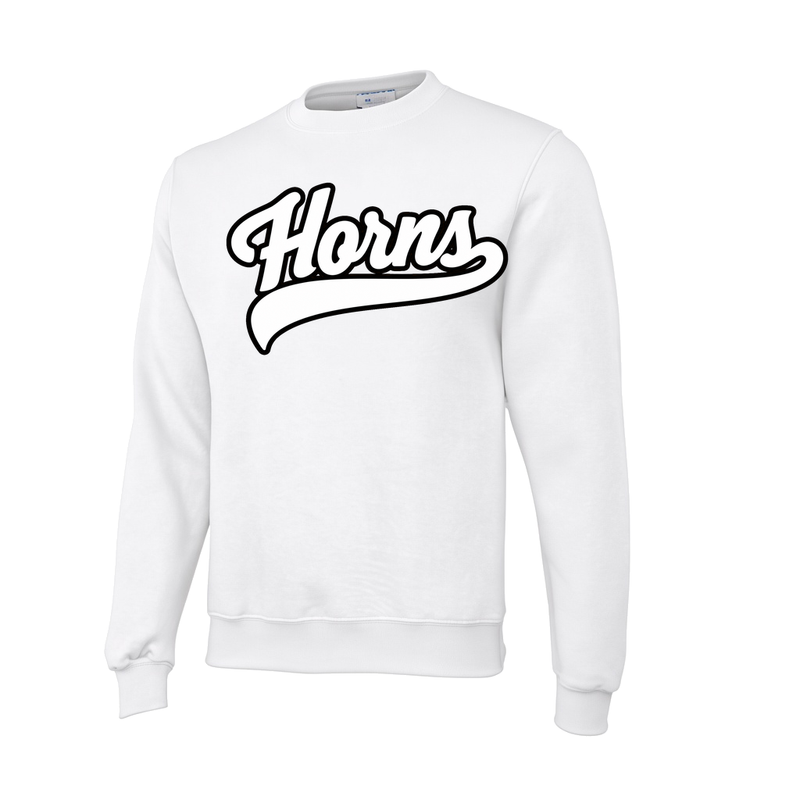Longhorns Crew Neck - White / White Horns Logo (Black Outline)